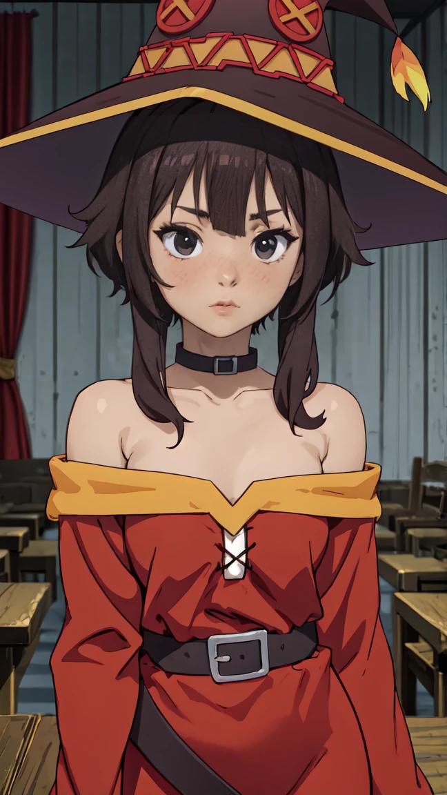 Artgerm, table, Best quality, extremely detailed, table, Best quality, Megumin, 1 girl in, bare shoulders, Black e.g, black gloves, black hair, e.g, necklace, clavicle, dress, hair between eyes, It has, Long sleeves, I look at the viewer, Medium hair, off shoulder dress, off the shoulders, Red dress, Red eyes, side locks, One, witch hat, in room