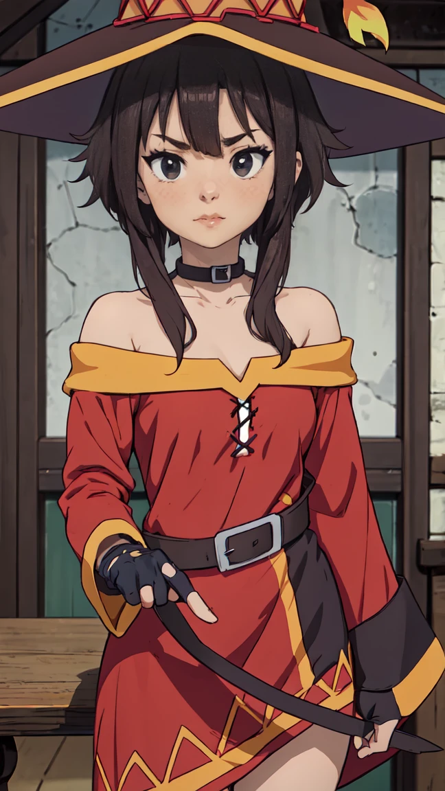 Artgerm, table, Best quality, extremely detailed, table, Best quality, Megumin, 1 girl in, bare shoulders, Black e.g, black gloves, black hair, e.g, necklace, clavicle, dress, hair between eyes, It has, Long sleeves, I look at the viewer, Medium hair, off shoulder dress, off the shoulders, Red dress, Red eyes, side locks, One, witch hat, in room