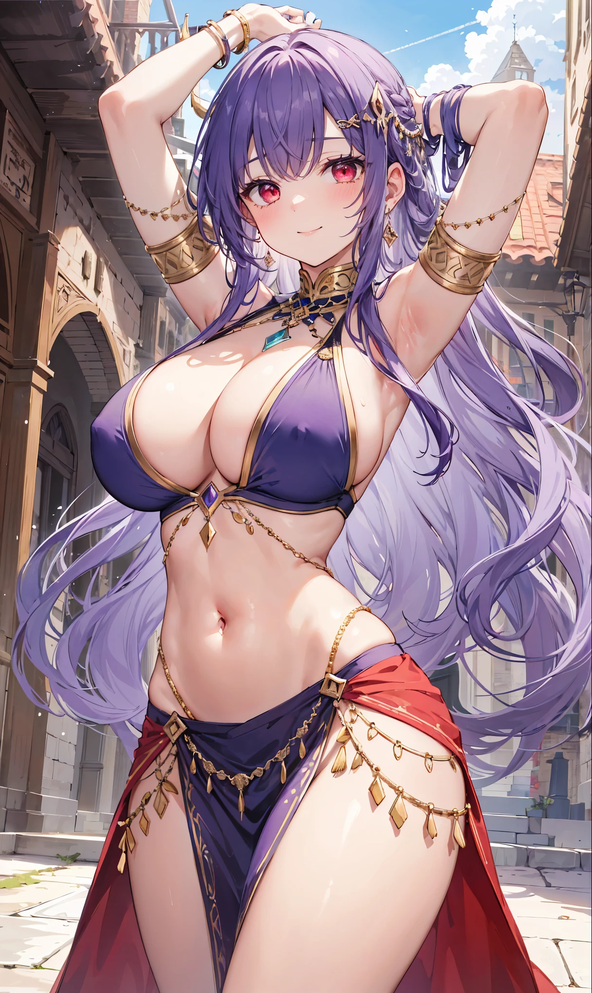 high quality, ultra detailed, best quality, insanely detailed, beautiful, masterpiece, 1girl, medieval plaza, cowboy shot, red eyes, long hair, purple hair, belly dancer, circlet, earrings, armlets, bracelets, bashful smile, large breasts, cleavage, soft stomach
