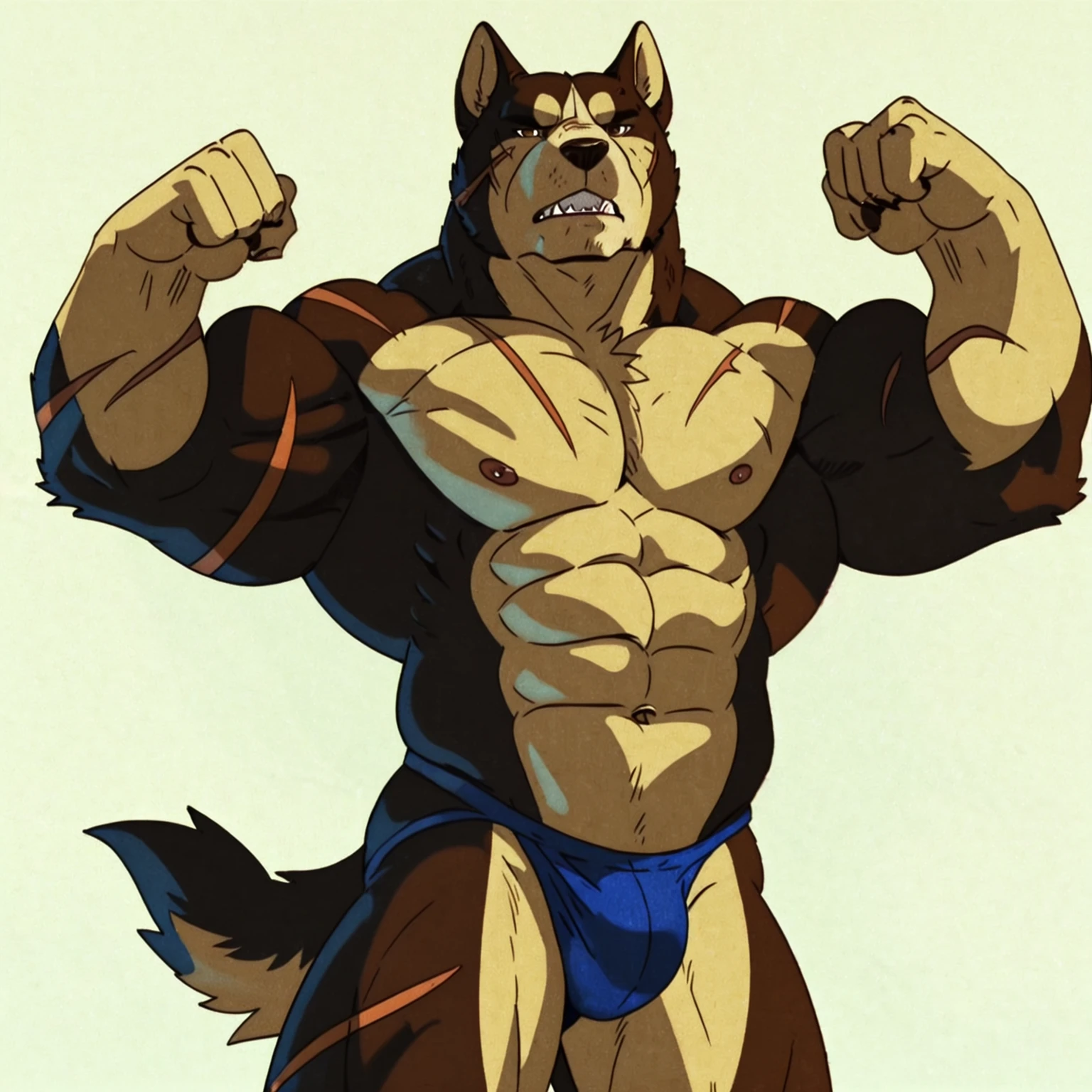riki, detailed scars, brown fur, male, masculine, anthro body, half body, (muscular arms, muscular neck, lats, pectorals, biceps, triceps):1.2, heavyweight, fists, detailed, high quality, best resolution, cel shaded, solo, (no background, white background):1.5, dog ears, by wfa, by seibear, by rossciaco, by taran fiddler, by echin:0.5, cel shaded, brown eyes, detailed eyes, looking at viewer, stern face, flexing arms, flexing muscles, jockstrap