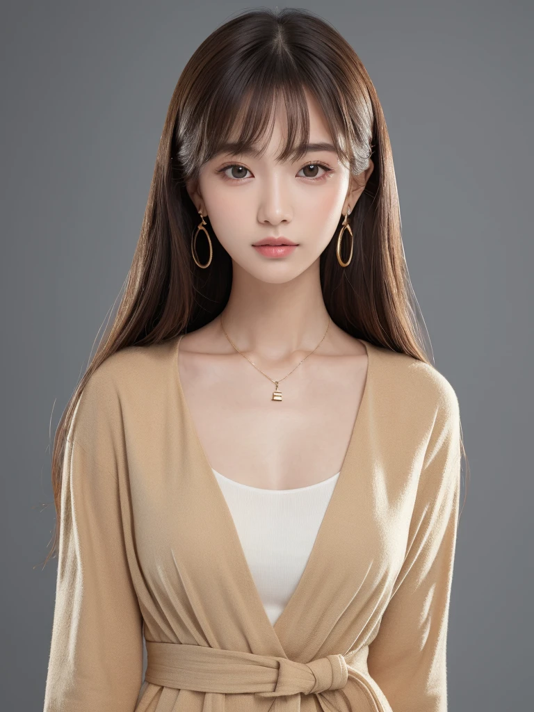 ((Highest quality, 8K, masterpiece:1.3)), concentrate: 1.2, Perfect body beauty: 1.4, Hips: 1.2, ((Long Hair, chest: 1.2)), (Dry clothes: 1.1) , (clear, Simple Background:1.3), Simple clothes: 1.1, Highly detailed face and skin texture,Delicate eyes, double eyelid, Whitened skin, Rough skin、Long Hair、Earrings with bangs、necklace、 solo、Beige coat、White shirt, (((Beautiful girl with cute Japan)))、 ((Beautiful Japanese girl 20 years old))、 ((Baby Face))、 (((Slender body)))、 Upper Body,Face focus、necklace,Simple Background,From above, Realistic Hair、 A photograph was taken:Canon EOS R6、135mm、1/1250 seconds、f2.8、ISO400、(Detailed explanation of the hand)、(Masseter muscle area)、(Exquisite CG)、Long Hair, loose and curly hair、Korean Hair、Long Hair明るいベージュ色、グラデーションハイライトグレージュのゆるふわLong Hairスタイル、