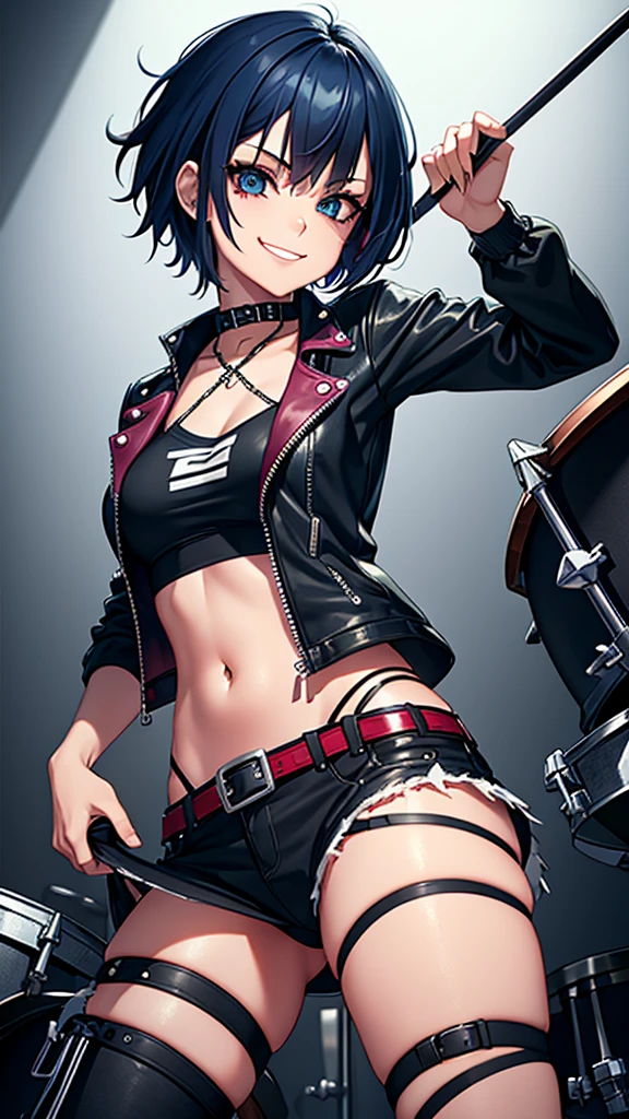 Punk girl, short physical stature, short hair, dark blue hair, musical instrument, drums, punk clothes, evil smile, girl playing the drums, sexy girl, torn clothes, punk clothes, drummer girl