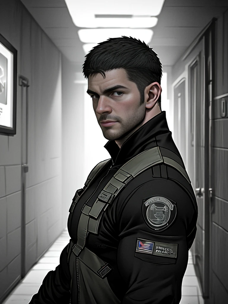 1 person, Solitary, 25 years old, chris redfield, Wearing a gray T-shirt, giggle, Shoulder black,bsaa logo on shoulder, Military tactical clothing, tall and big, Biceps, Abdominal muscles, Chest, best quality, masterpiece, high resolution:1.2, Upper body photo, Dark corridor with dark black background, Delicate face, shadow, Volumetric Lighting, Upper body photo, Low photographic angle,No scum,BREAK shirt