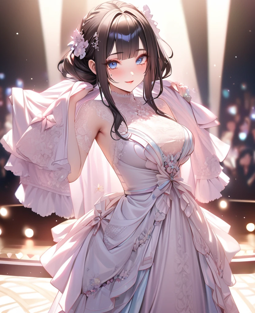 One Girl、Looking at the audience、Her name is Mei,
Beautiful Blue Eyes、Black hair、Pink streaked hair, bangs, Mole under the eye、Plump and glossy lips、Heart-shaped choca、Idol、smile、ー、。.。.。.。.。.。.。.。.。.。.。.。.。.。.。.。.。.。.3D、Realistic、
Sexy dress with too many frills、Drape clothes、gem、The decoration has been removed、Floral、Lace trim、bright stage、
masterpiece、highest quality、8k、Detailed skin texture、Detailed cloth texture、Beautifully detailed face、Intricate details、Very detailed、
超A high resolution、8K Ultra HD、Film Grain、Best Shadow、delicate、Staring at the audience、front