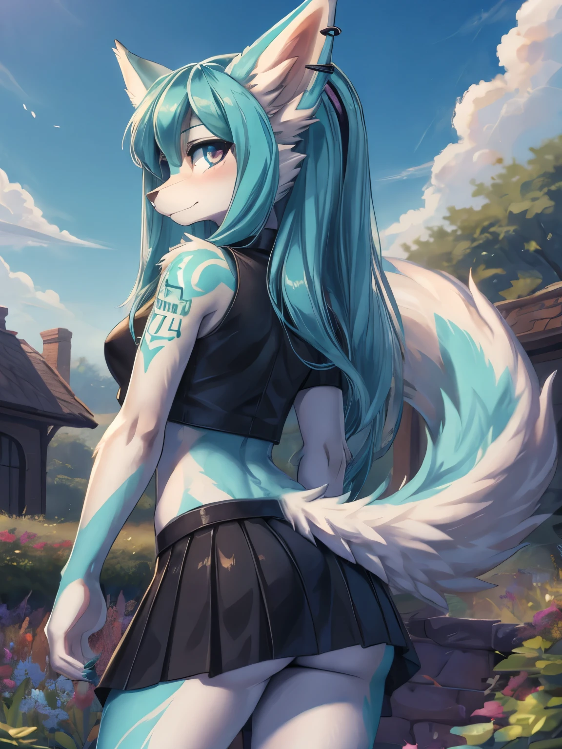 Chica anime, anime style, cute hatsune miku x suicune, shy girl , Orejas de Kitsune, arte de dark natasha, garden landscape, arte de vixen aztra, cuerpo completo, platas hermosas, cintura delgado, caderas amplias, piernas torneadas, hermosa, foto de cuerpo completo, navel blouse, black skirt, navel piercing, ear piercing, navel tattoo, timid pose, back pose, doggy style back pose, fluffly tail, sensual eyes