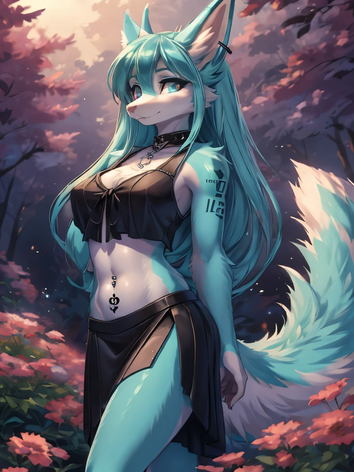 Miku hatsune,arabe, alta definicion, green body, black hair,orejas de kitsune, tribal tatoo, high school cute clothws, cute girl, 18 years old girl, park landscape