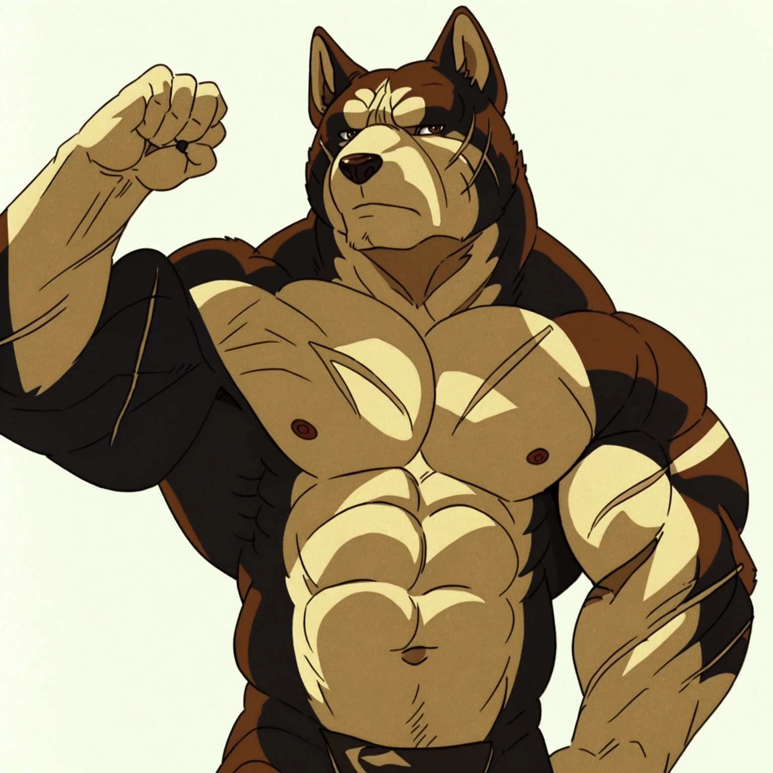 riki, detailed scars, brown fur, male, masculine, anthro body, half body, (muscular arms, muscular neck, lats, pectorals, biceps, triceps):1.2, heavyweight, fists, detailed, high quality, best resolution, cel shaded, solo, (no background, white background):1.5, dog ears, by wfa, by seibear, by rossciaco, by taran fiddler, by echin:0.5, cel shaded, brown eyes, detailed eyes, looking at viewer, stern face, flexing arms, flexing muscles