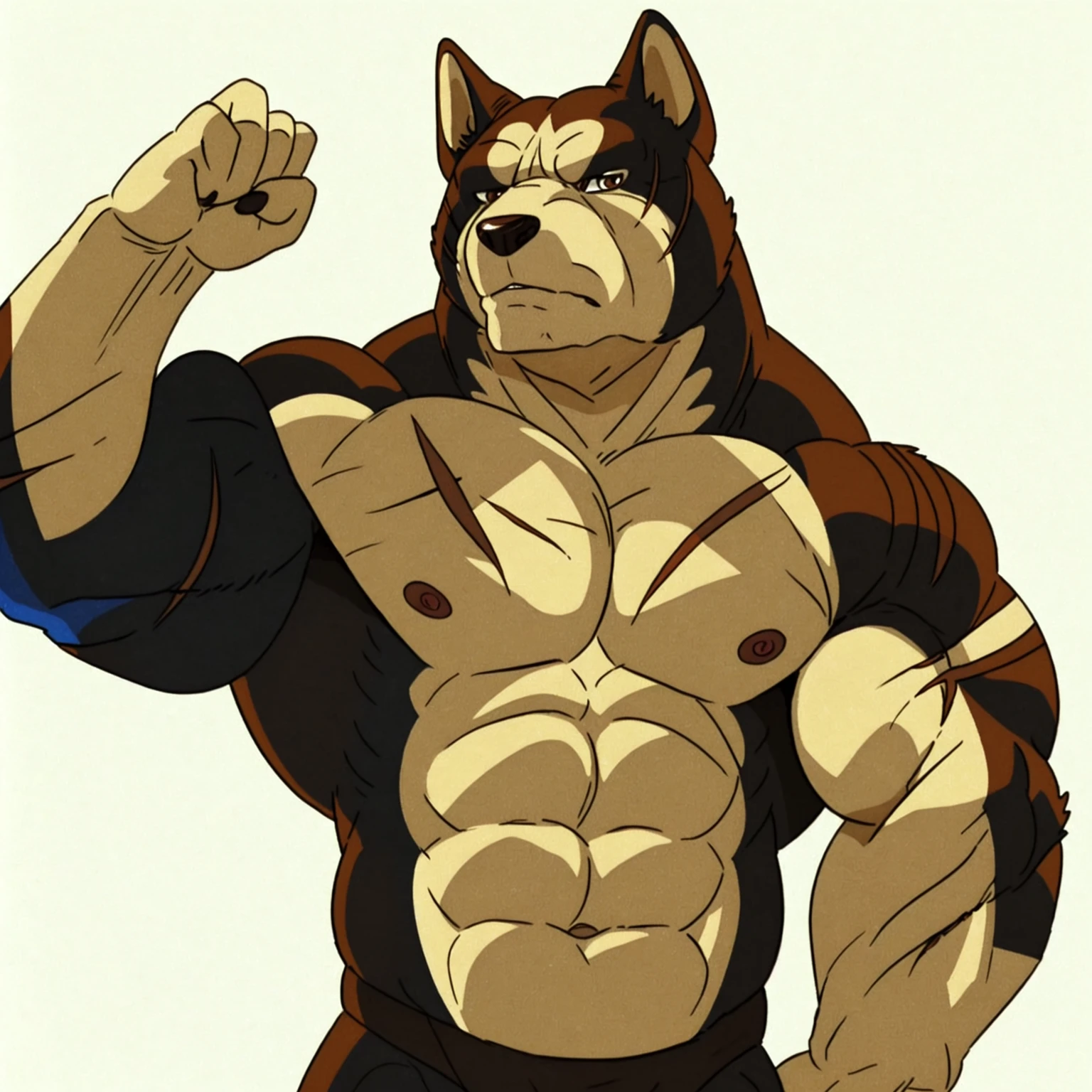 riki, detailed scars, brown fur, male, masculine, anthro body, half body, (muscular arms, muscular neck, lats, pectorals, biceps, triceps):1.2, heavyweight, fists, detailed, high quality, best resolution, cel shaded, solo, (no background, white background):1.5, dog ears, by wfa, by seibear, by rossciaco, by taran fiddler, by echin:0.5, cel shaded, brown eyes, detailed eyes, looking at viewer, stern face, flexing arms, flexing muscles