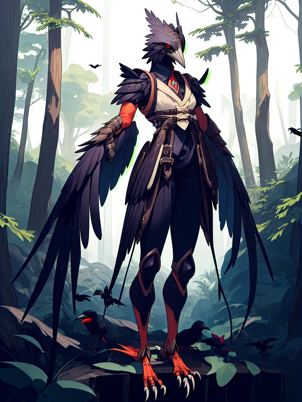 prospect(Anthropomorphic crow，Wearing ancient adventurer gear，The arms and hands are integrated with the bird&#39;s wings, and there are no bird wings on the back. Only the arms and hands have bird wings.，Feet are claws)，With background（Dense forest）