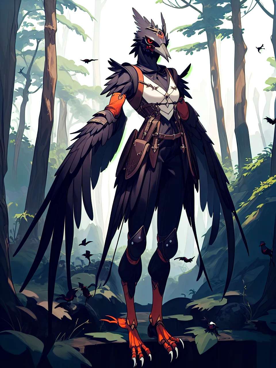 prospect(Anthropomorphic crow，Wearing ancient adventurer gear，The arms and hands are integrated with the bird&#39;s wings, and there are no bird wings on the back. Only the arms and hands have bird wings.，Feet are claws)，With background（Dense forest）