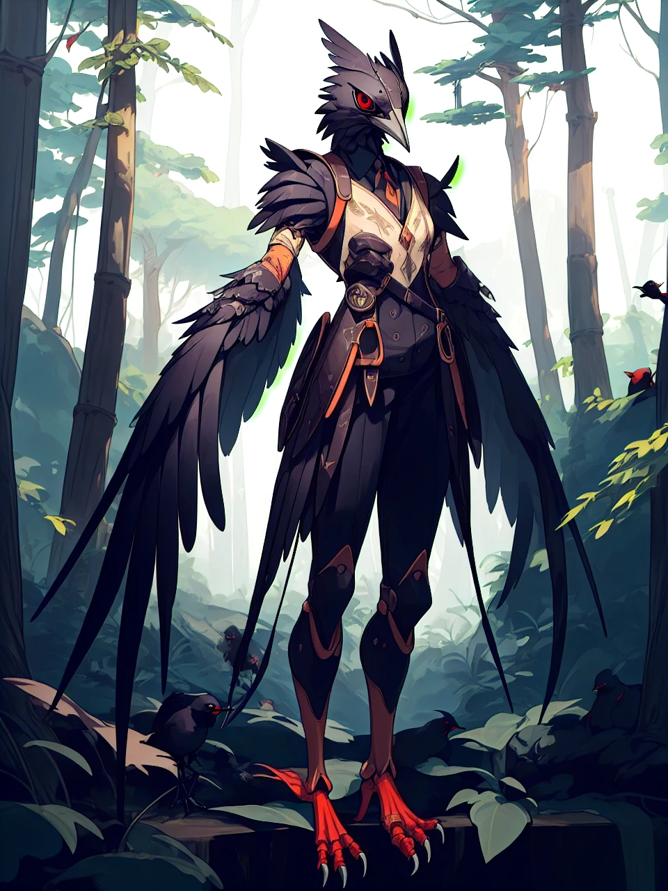 prospect(Anthropomorphic crow，Wearing ancient adventurer gear，The arms and hands are integrated with the bird&#39;s wings, and there are no bird wings on the back. Only the arms and hands have bird wings.，Feet are claws)，With background（Dense forest）