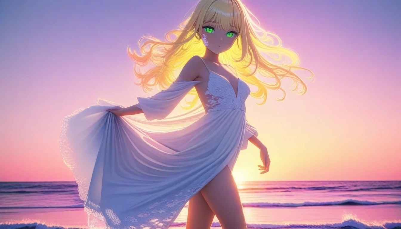 a beautiful young woman with long blonde hair and green eyes, wearing a flowing white dress, standing on a beach at sunset, dramatic lighting, romantic and serene atmosphere, detailed facial features, 8k, best quality, masterpiece, vibrant colors, soft lighting, glowing sunset, ocean waves, sand, detailed clothing folds