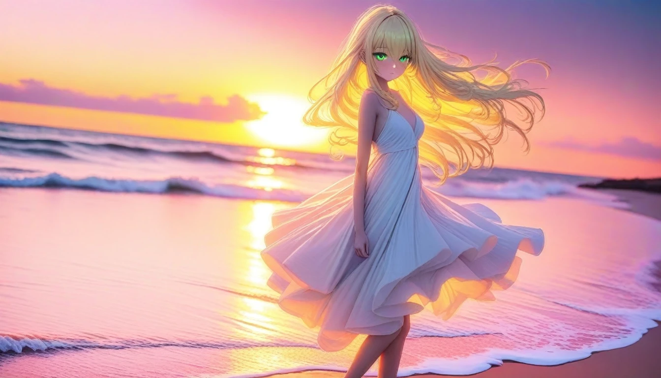 a beautiful young woman with long blonde hair and green eyes, wearing a flowing white dress, standing on a beach at sunset, dramatic lighting, romantic and serene atmosphere, detailed facial features, 8k, best quality, masterpiece, vibrant colors, soft lighting, glowing sunset, ocean waves, sand, detailed clothing folds