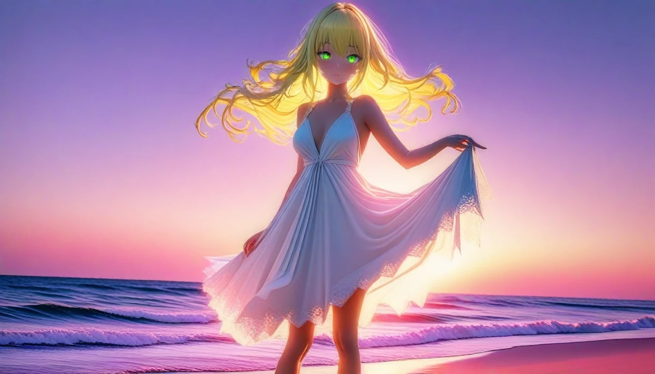 a beautiful young woman with long blonde hair and green eyes, wearing a flowing white dress, standing on a beach at sunset, dramatic lighting, romantic and serene atmosphere, detailed facial features, 8k, best quality, masterpiece, vibrant colors, soft lighting, glowing sunset, ocean waves, sand, detailed clothing folds