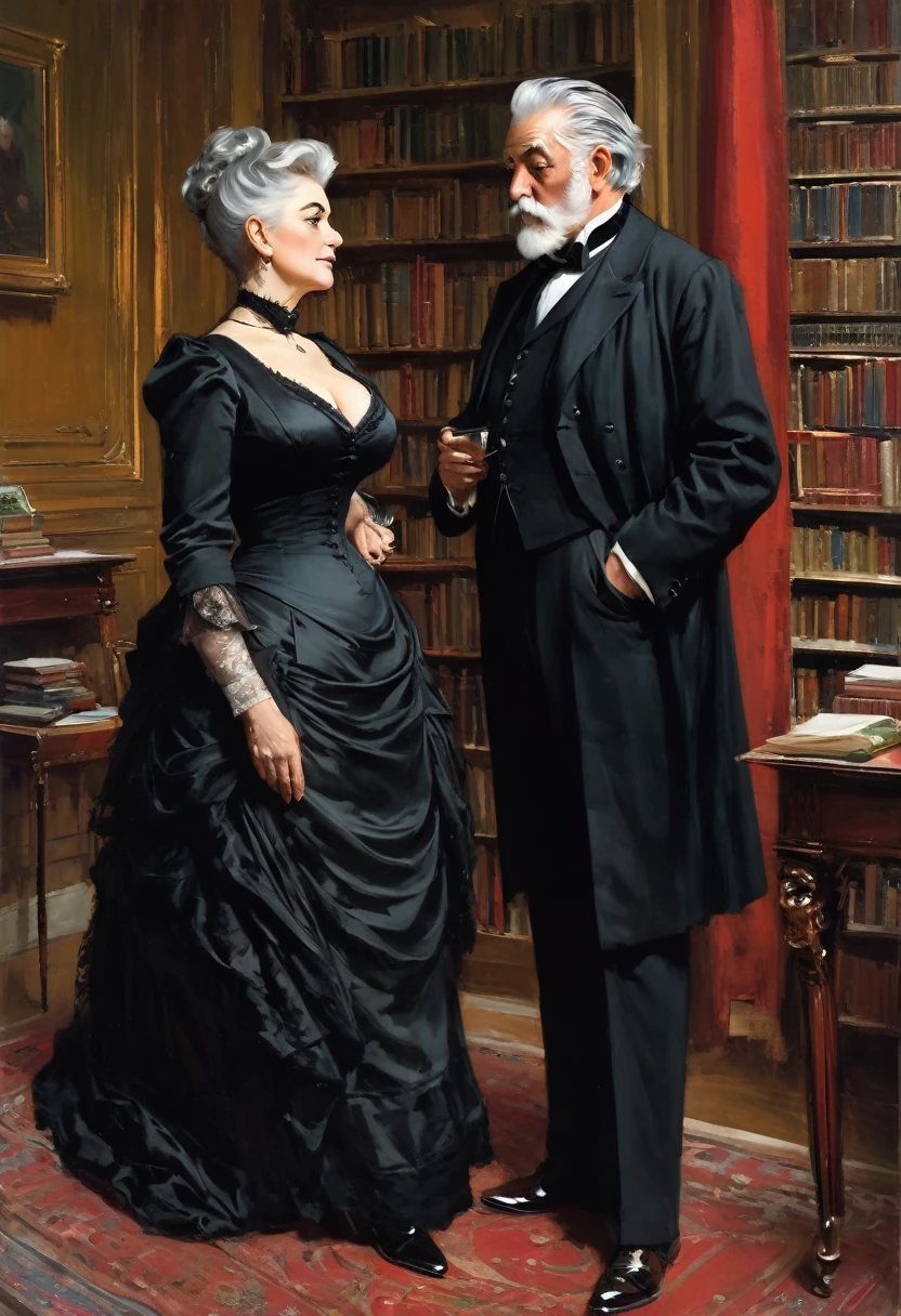 Full body view, a tall voluptuous buxom, fully figured, mature victorian widow in a black dress having a intimate conversation with a eldely grey haired gentleman in the library, by Jean Béraud, inspired by Jean Béraud, inspired by Édouard Detaille, edouard leon cortes, inspired by Ivan Kramskoi, inspired by Jean-Louis-Ernest Meissonier, by Édouard Detaille, inspired by Paul Émile Chabas