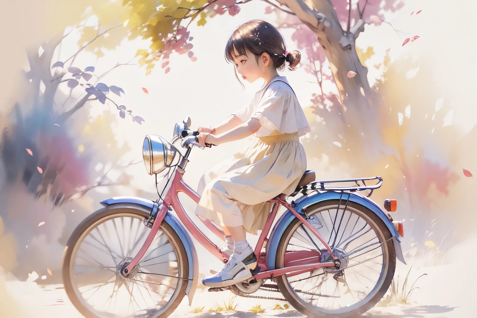 (Highest quality、masterpiece)、(5 year old girl riding a bicycle)、(Assisting Dad:1.2)、(Children's bicycles、whole)、(From the side)、(Cute face)、short hair、White clothes、shoes、(No background)、White Background、Blur the background、(Watercolor of singer Sargent)、Impressionist style painting、