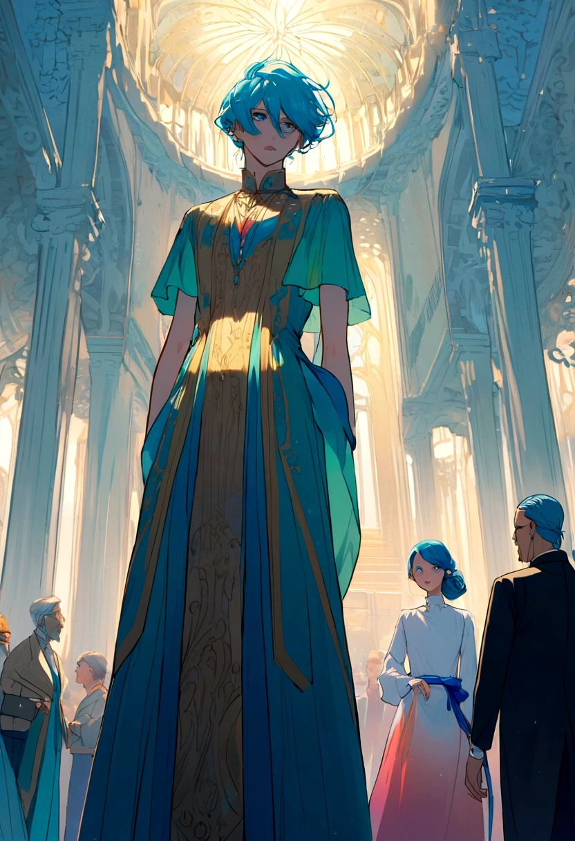 He would have turquoise blue hair and would dress in colorful and modern clothing tall man
