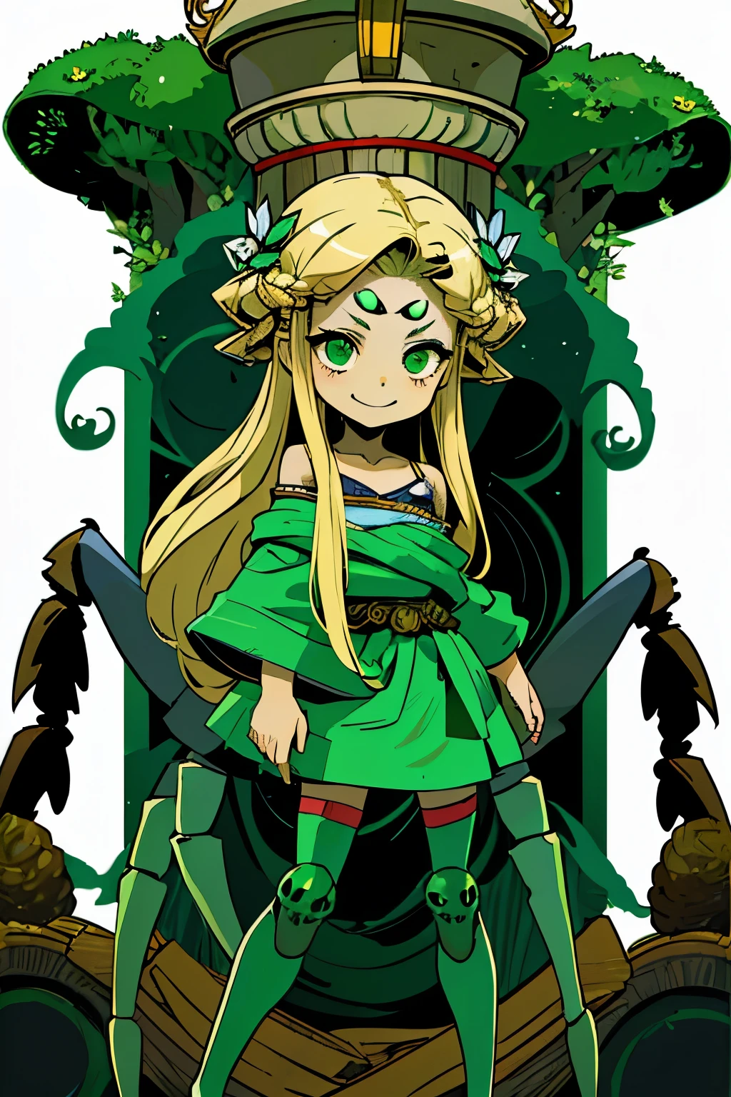 1girl, young, , 6 years i, komusume, flat chest, blonde long hair, green clothes, green eyes, innocent expresion, smiling, arachnid style, spider body, background filled fumes, background filled with greek columns, Tartarus scenery, in Tartarus, surrounded by giant greek columns, greek scenery and furniture, detailed background, main character, hades style, Arachne, spider legs coming from her back