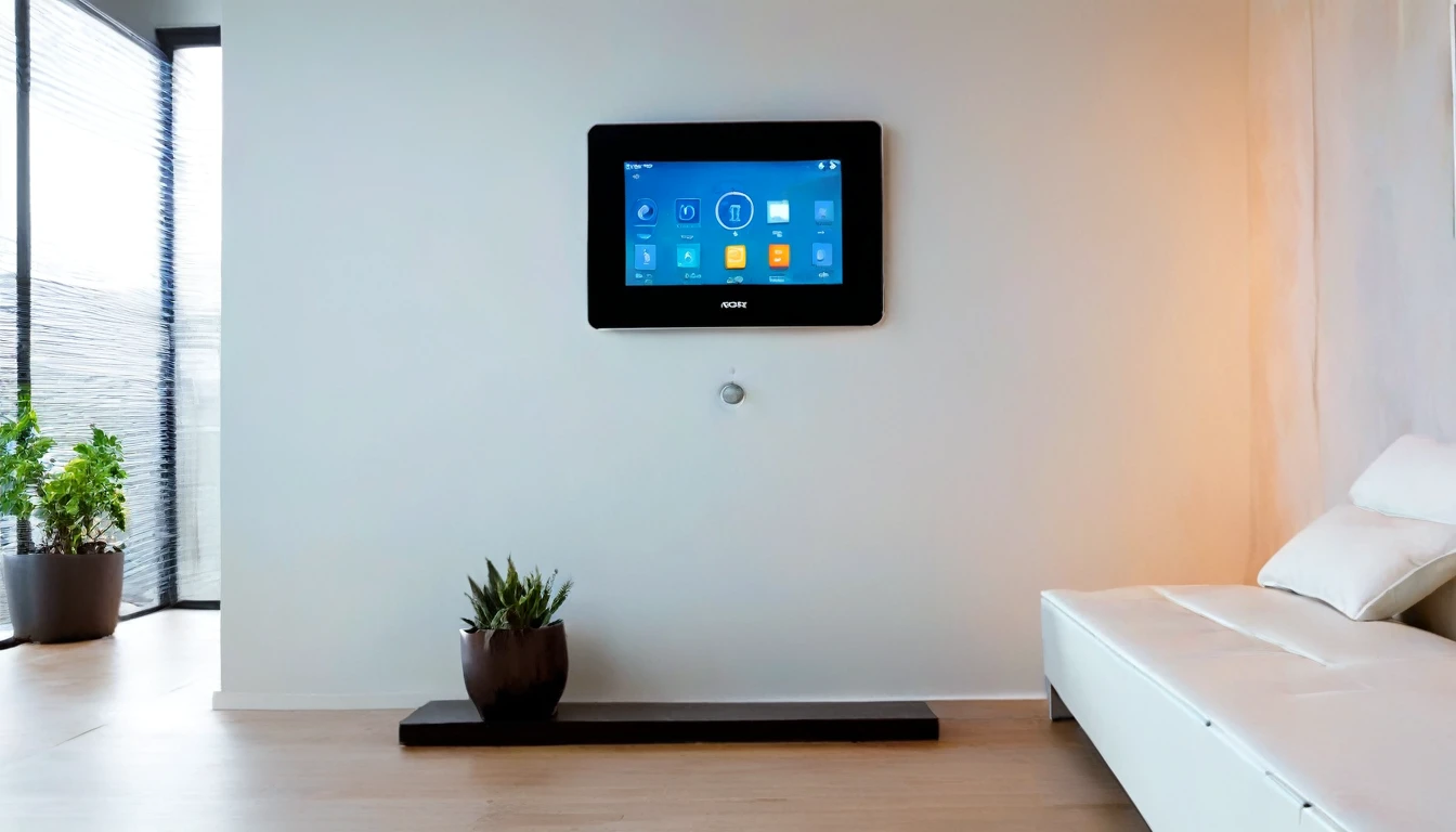 A beautiful woman is activating home security by operating a large touch screen mounted on the wall in a smart home. ((show when a person or user touches the screen)), The screen displays various controls for home automation, such as lighting, temperature, and security systems. This room has modern furnishings, indoor plants and sleek gadgets that are perfectly integrated into the decor. (Elements: beautiful girl, touch screen, smart home, home automation, modern furniture). (HD focus, HD realistic, 8k image, super detail)