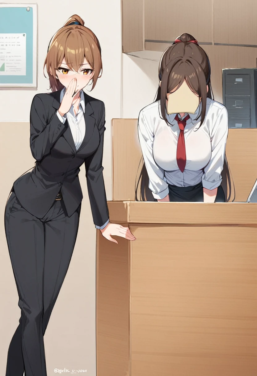 1 Girl, suit, office lady, Black trousers, Black blazer, Brown Hair, Long Hair, teenager, ponytail, Cover your nose with your hand