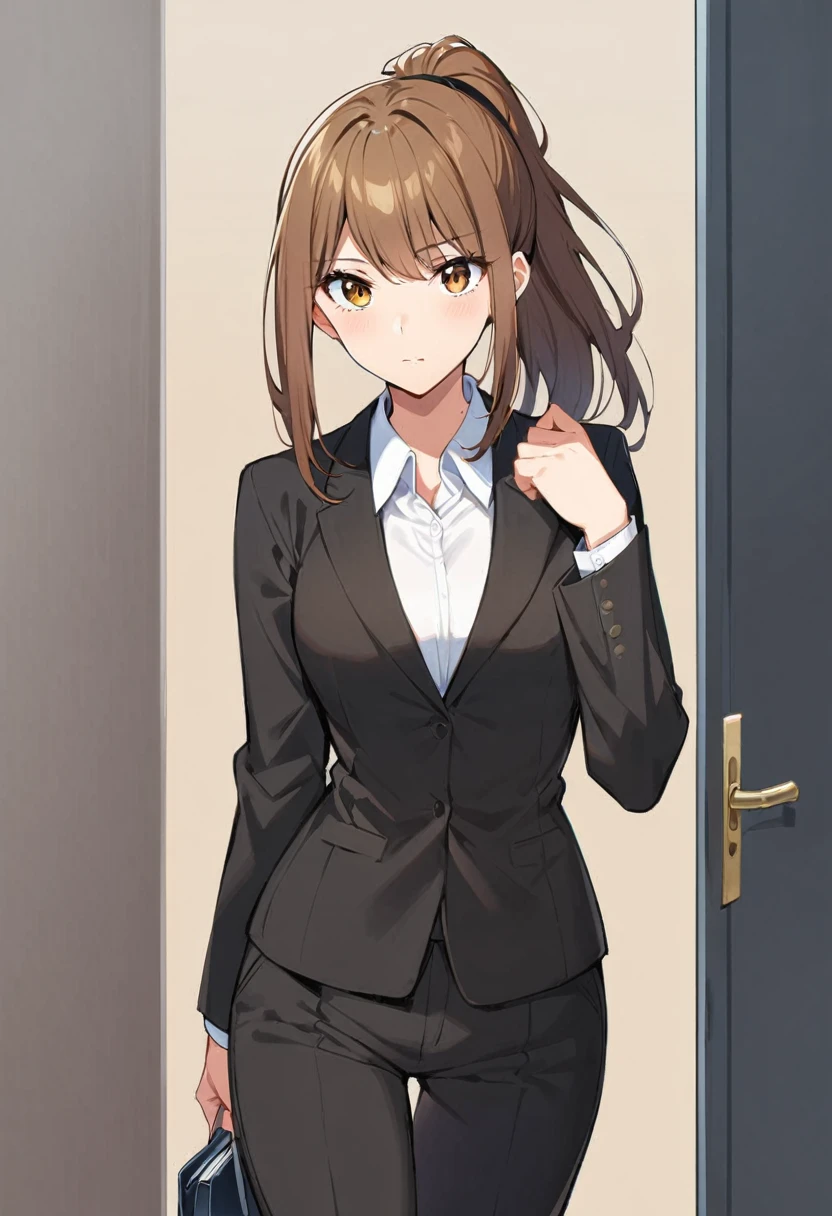 1 Girl, suit, office lady, Black trousers, Black blazer, Brown Hair, Long Hair, teenager, ponytail, Cover your nose with your hand