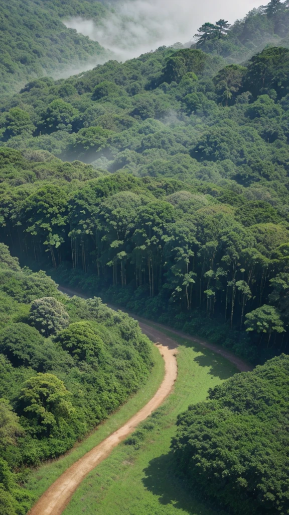  "Generate a high-resolution aerial photo of a lush green forest with dense foliage and mist. The image should depict a serene, foggy landscape with rolling hills covered in tall trees. Soft sunlight should filter through the mist, creating a mystical and tranquil atmosphere. Include a winding dirt path that cuts through the forest, enhancing the sense of depth and perspective in the scene."