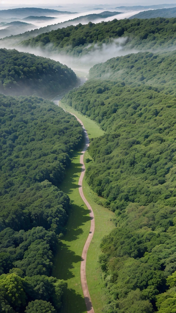  "Generate a high-resolution aerial photo of a lush green forest with dense foliage and mist. The image should depict a serene, foggy landscape with rolling hills covered in tall trees. Soft sunlight should filter through the mist, creating a mystical and tranquil atmosphere. Include a winding dirt path that cuts through the forest, enhancing the sense of depth and perspective in the scene."