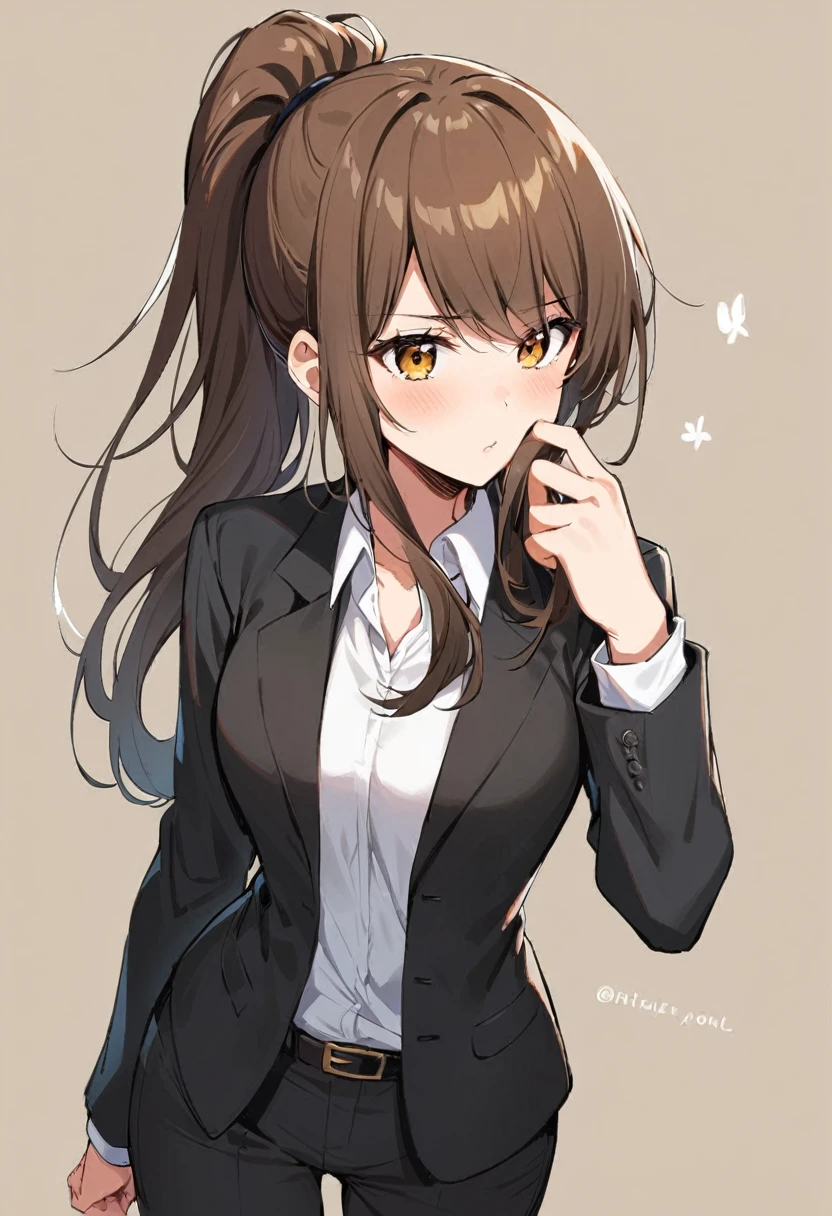 1 Girl, suit, office lady, Black trousers, Black blazer, Brown Hair, Long Hair, ager, ponytail, Cover your nose with your hand