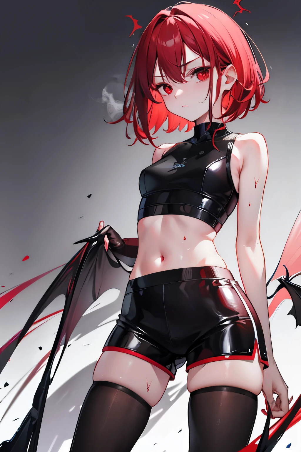 underdressing,indifferent,Red Eyes,Sweat,Soaked,liquid,transparent,Expression of disgust,Back,Cropped tops,Leather Shorts,succubus