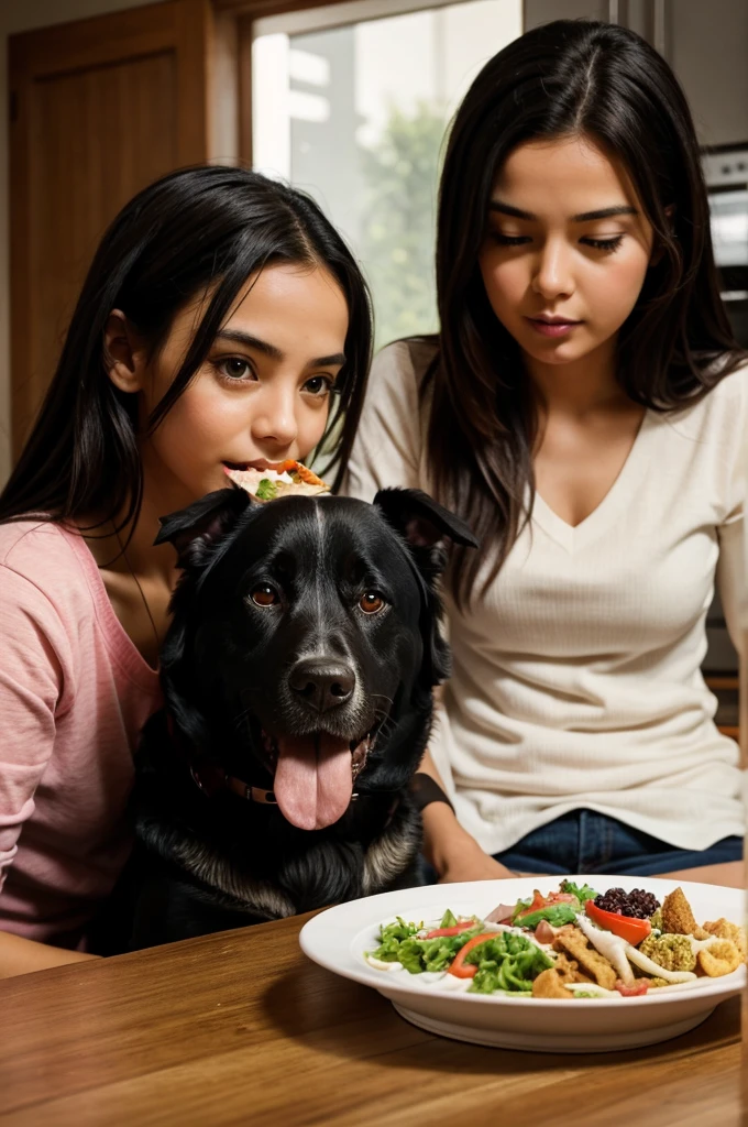 Create a scene in which a dog and a girl are eating food from the same plate