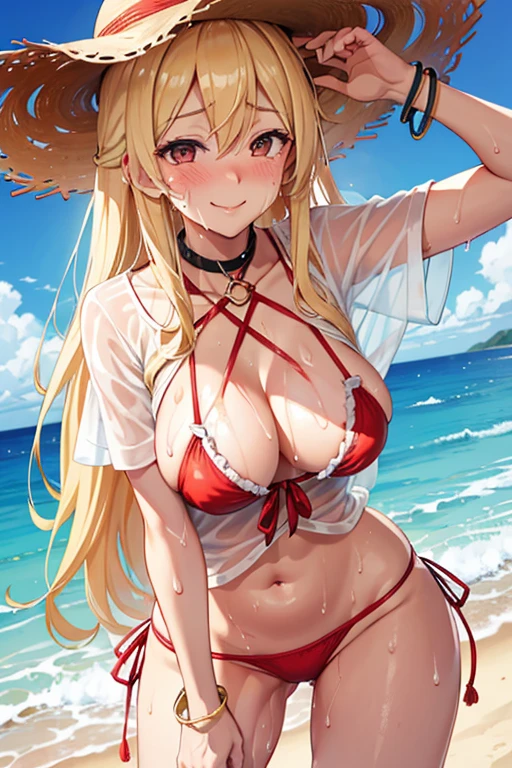 28 yeas old, woman, blonde hair, long hair, straw hat, slim, middle tits, beautiful bust, narrow red eyes, cute,
(embarrassed, blush:1.2), (ecstasy:0.4), (think:1.8), (smile:1.5), (sweat:1.8), t-shirt, See-through, micro bikini, ribbon, frills, shirt, handcuffs, frontal, standing, sandals, spread legs, beachside, bracelet