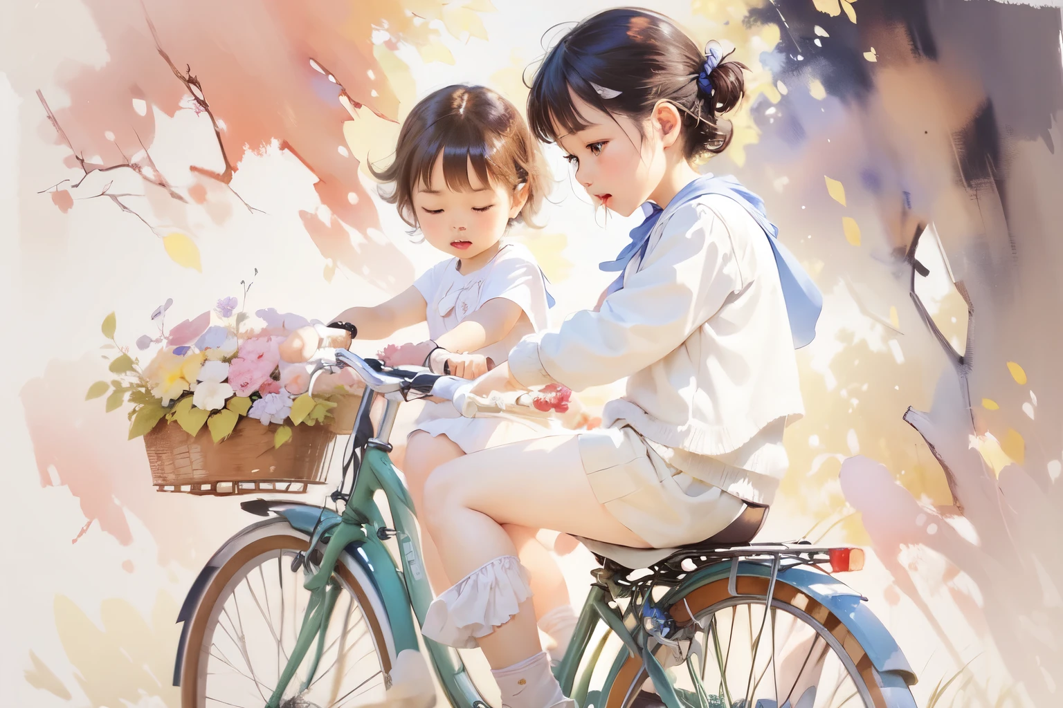 (Highest quality、masterpiece)、(5 year old girl riding a bicycle)、(Assisting Dad:1.2)、(Children's bicycles、whole)、(From the side)、(Cute face)、short hair、White clothes、shoes、(No background)、White Background、Blur the background、(Watercolor of singer Sargent)、Impressionist style painting、