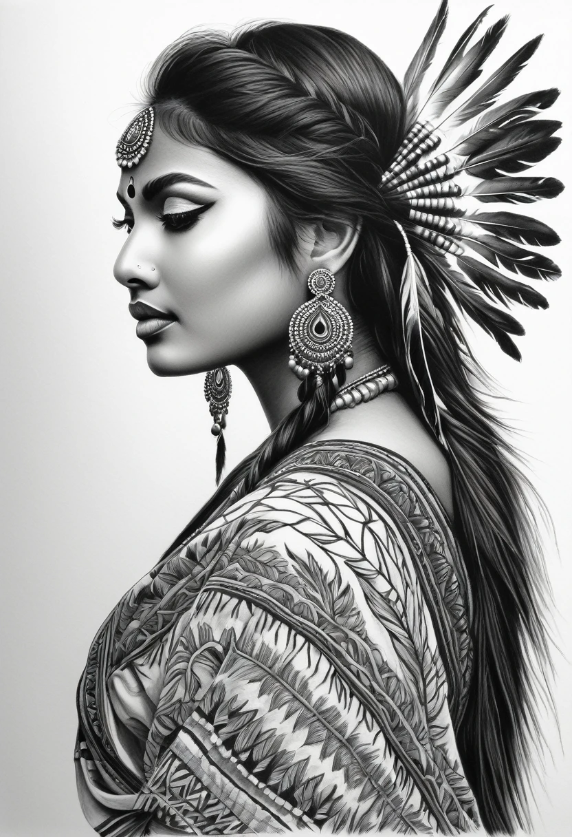 A detailed black and white drawing of an Indian woman made with a fine black pencil. The view from the back, to the size, elle plisse les yeux vers le spectateur, turn your left shoulder. indian warrior makeup, tatouages élégants avec des attrapes rêves et des fleurs. complicated hairstyle, plumes rouges dans ses cheveux. long cils, une très belle jeune femme indienne élancée, peau blanche. Master drawing, very high quality, photographic precision.