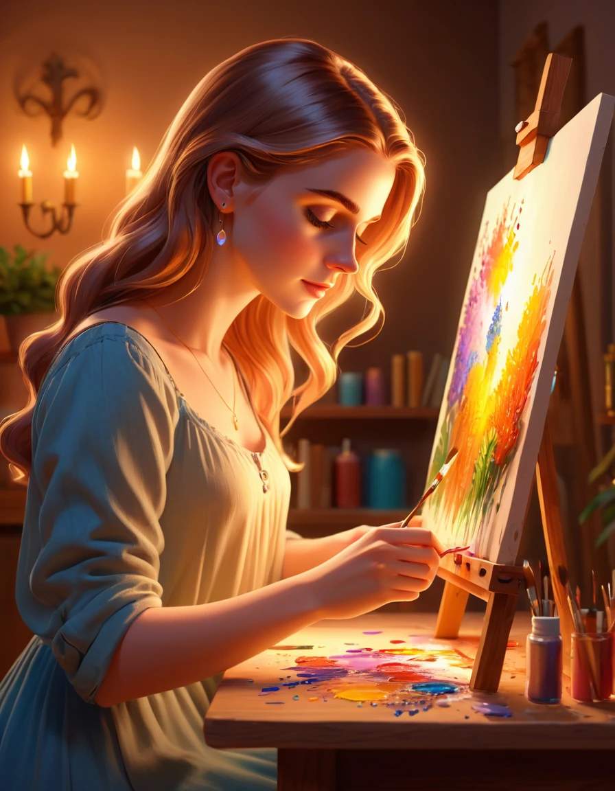 3d style young woman, with fine hands that bear testament to a life well-lived, delicately paints on her canvas amidst warm lighting that highlights both her beauty and artistic talent., key visual, vibrant, , highly detailed