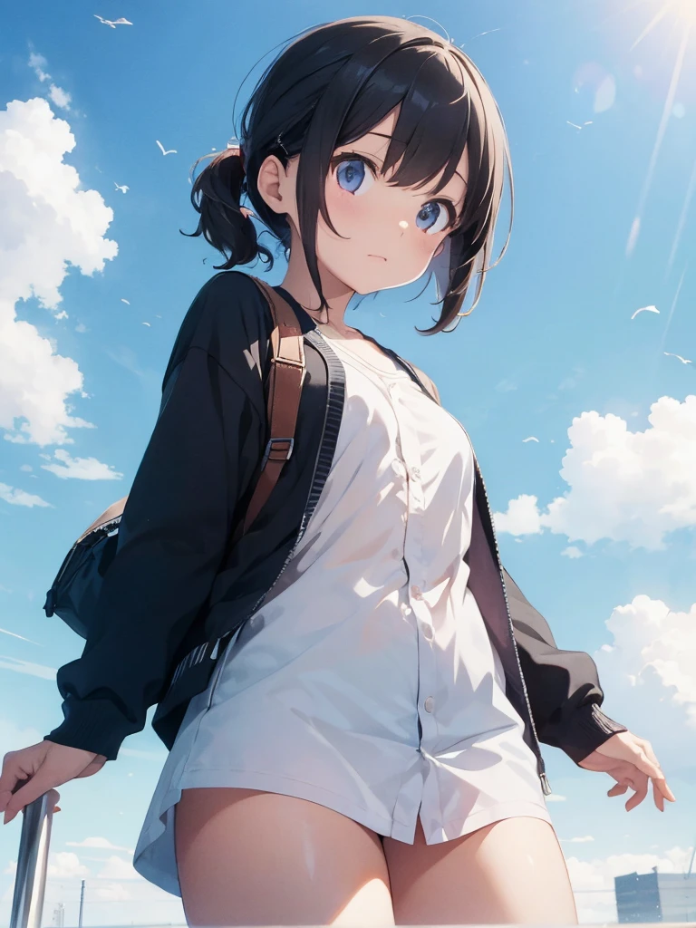 Black short bob、Cute Smile、Button-down blouse、The blue bra is see-through.、Light blue mini skirt、flare skirt、Skirt fluttering in the wind、White underwear in cotton fabric、barefoot、Sandy beach, sea and cumulonimbus clouds