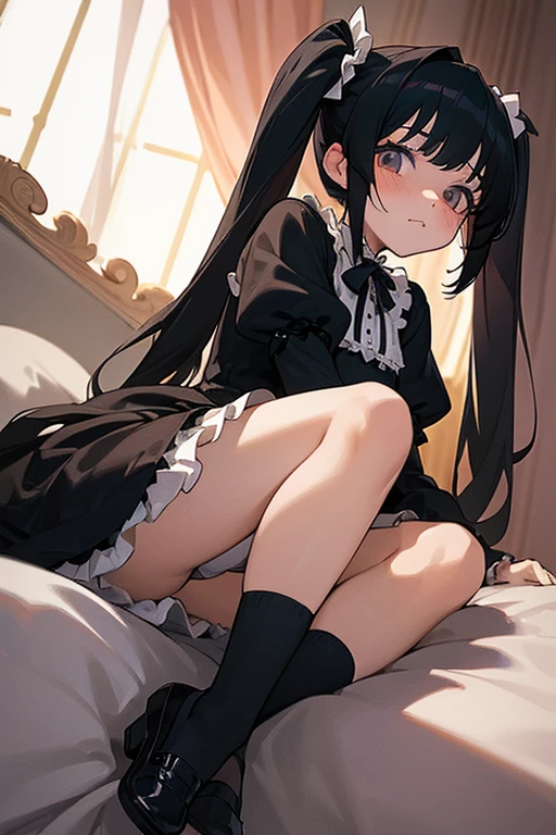 ((High quality, ultra-detailed)), (anime girl), (black hair, twin tails), (ta dress), (gothic accessories), (soft ambient lighting), (On the bed, with a shy look on her face, legs spread, hands covering her crotch))