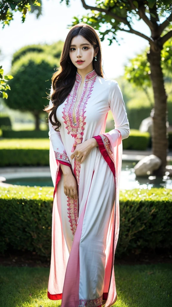 (((HD photo))), ultra high res.photorealistic:. 1.4, UHD a woman in a beautiful garden, wearing a traditional shalwar kameez dress, standing gracefully with a serene expression. The woman has almond-shaped eyes with long eyelashes and perfectly shaped eyebrows. Her lips are full and delicately detailed, adding to her beauty. The shalwar kameez dress is made of fine silk fabric with intricate embroidery, displaying vibrant colors and patterns. The garden is filled with blooming flowers, lush green trees, and a tranquil pond. The sunlight gently filters through the foliage, casting a warm and soft glow on the scene. The image is of the highest quality, with ultra-detailed textures and realistic rendering. The colors are vivid and vibrant, creating a visually stunning masterpiece.