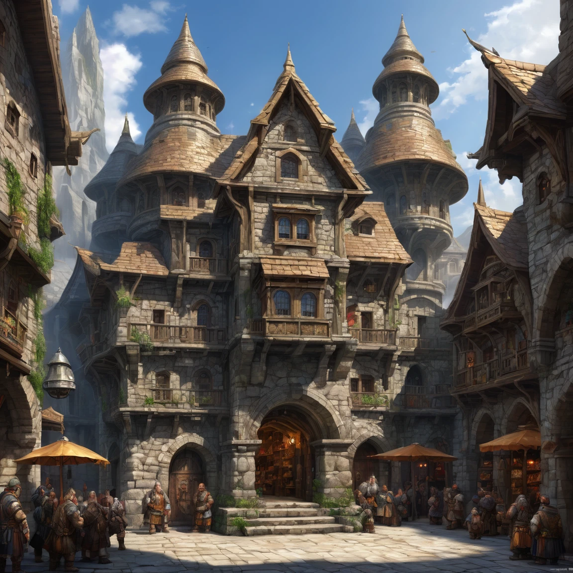 (best quality)), ((masterpiece)), ((realistic,digital art)), (super detailed), fantasy, massive stone building, dwarf marketplace