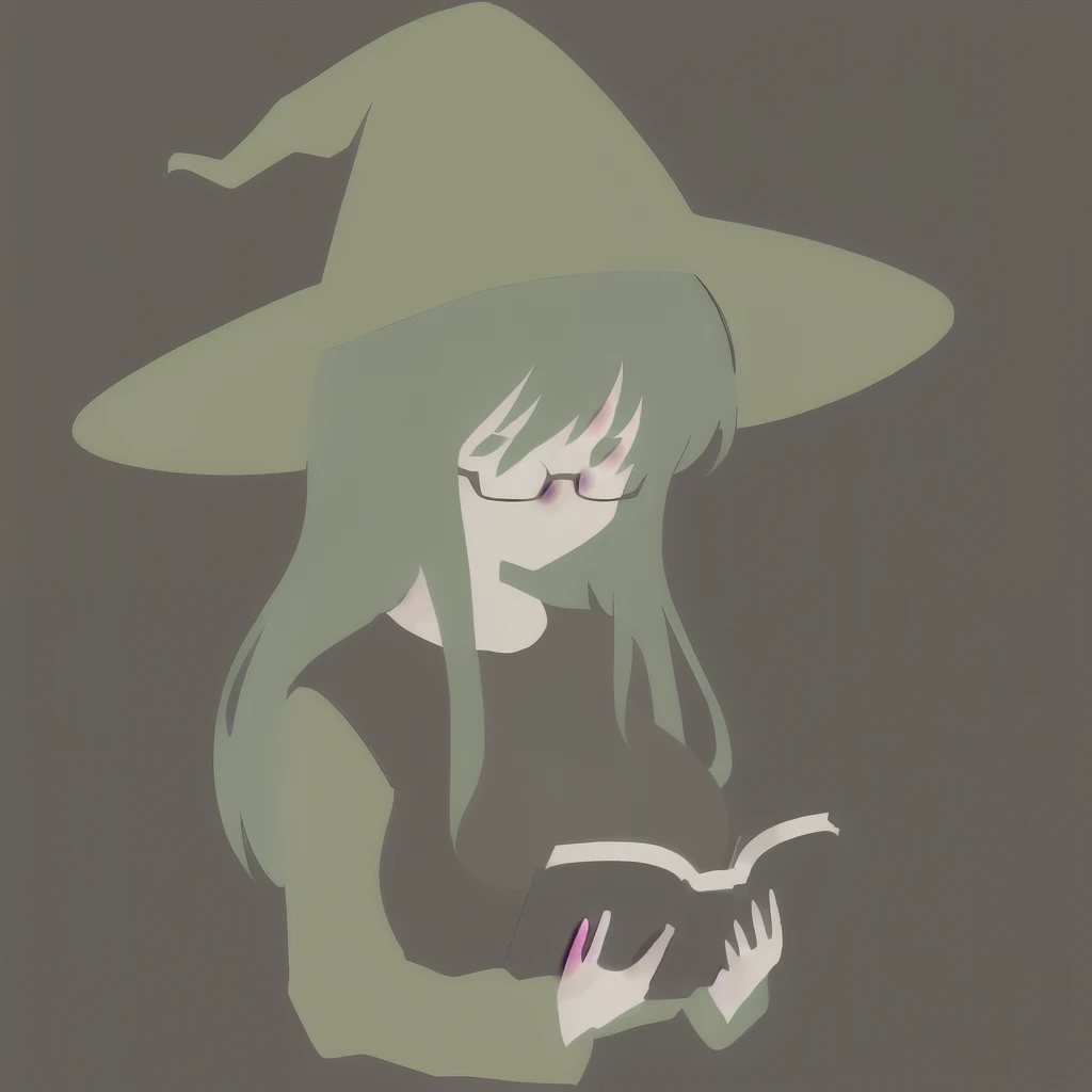 Anime Minimalist, One Girl, alone,Green Hair, Brown background, hair ornaments, librarian,Glasses,Have,Witch Hat,(Turned to the side:1.5),(Reading a book:1.3),(Big Breasts.1.7),(Huge breasts:1.1)