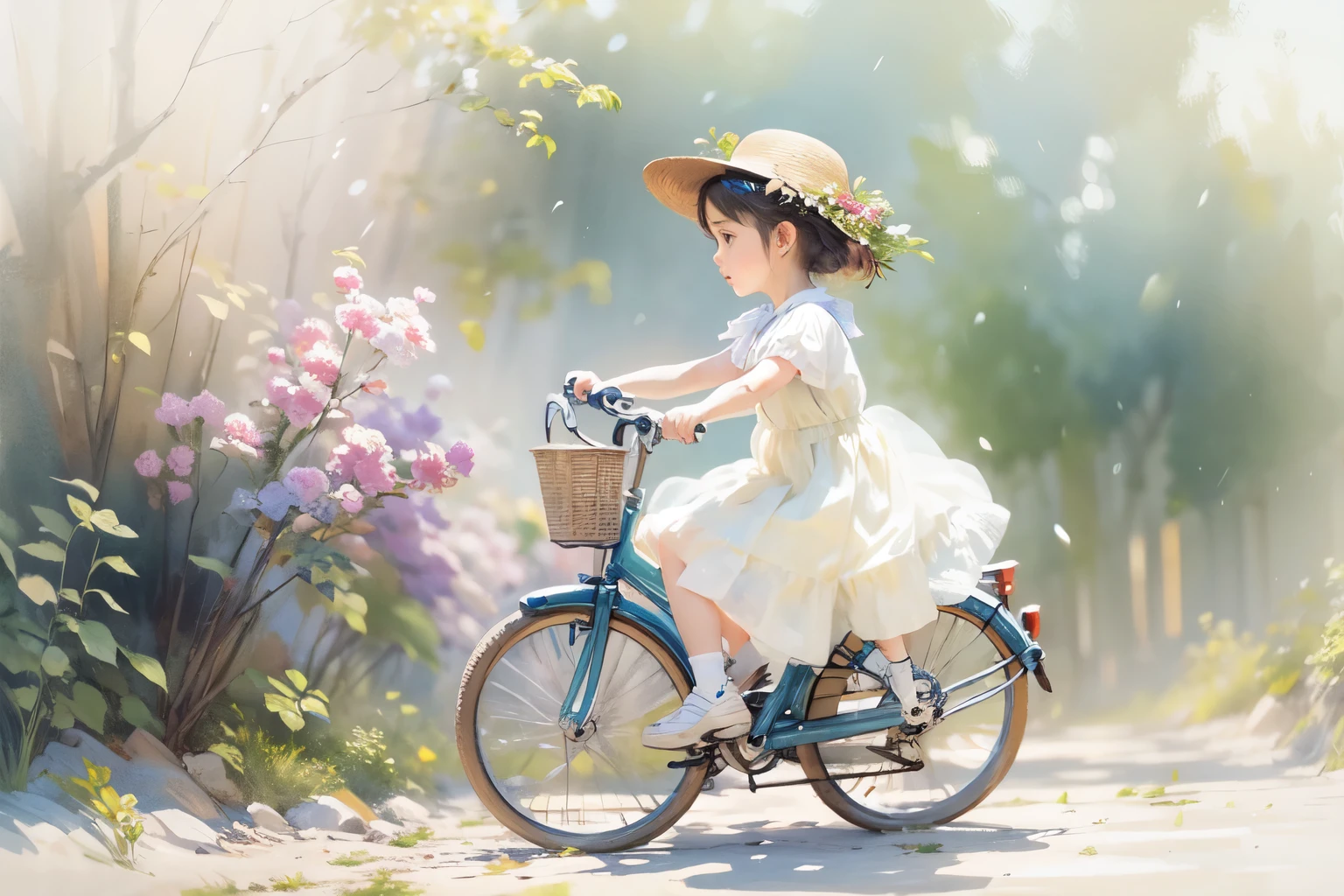 (Highest quality、masterpiece)、(5 year old girl riding a bicycle)、(Assisting Dad:1.2)、(Children's bicycles、whole)、(From the side)、(Cute face)、short hair、White clothes、shoes、(No background)、White Background、Blur the background、(Watercolor of singer Sargent)、Impressionist style painting、