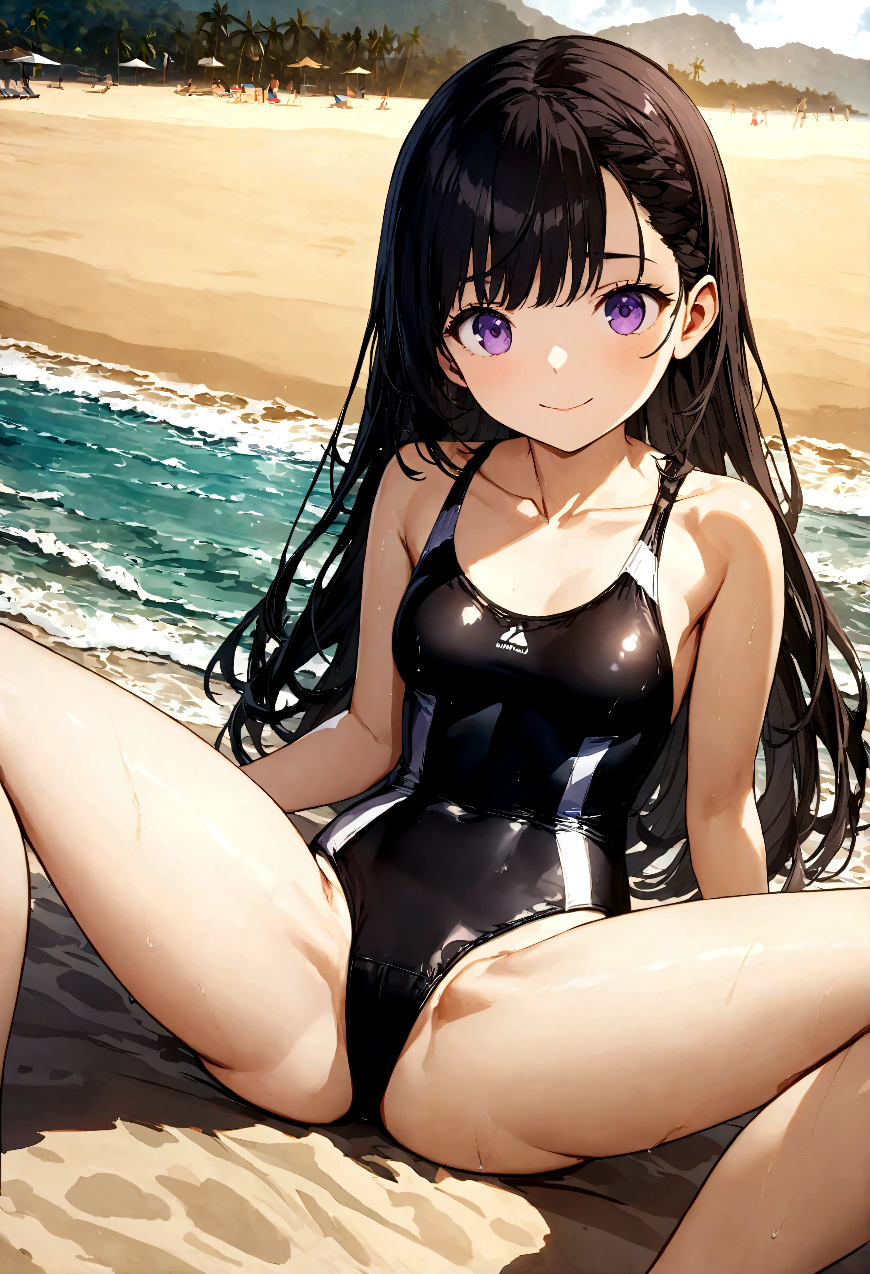 32k, best quality, ultra high res, HDR, UHD, extremely detailed CG, unity 32k wallpaper, very cute, -yeld gi 1 person, Purple eyes, (Black competitive swimsuit), Beach, Long black hair, (medium breasts), Laugh shyly, sit, (Spread your legs wide), 