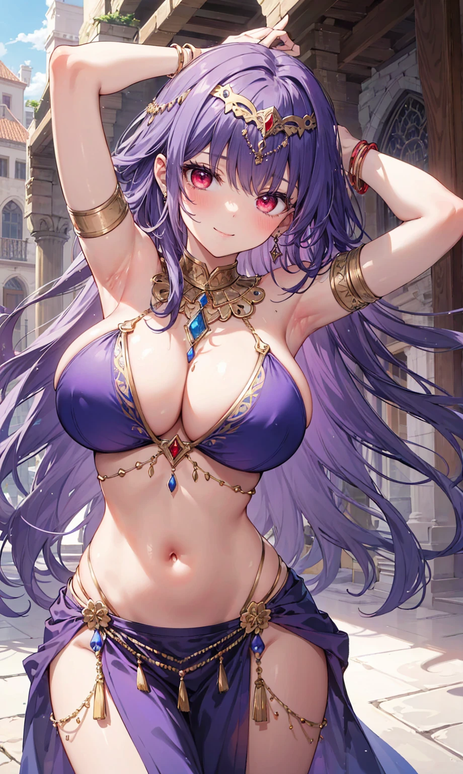 high quality, ultra detailed, best quality, insanely detailed, beautiful, masterpiece, 1girl, medieval plaza, cowboy shot, red eyes, long hair, purple hair, belly dancer, circlet, earrings, armlets, bracelets, bashful smile, large breasts, cleavage, soft stomach