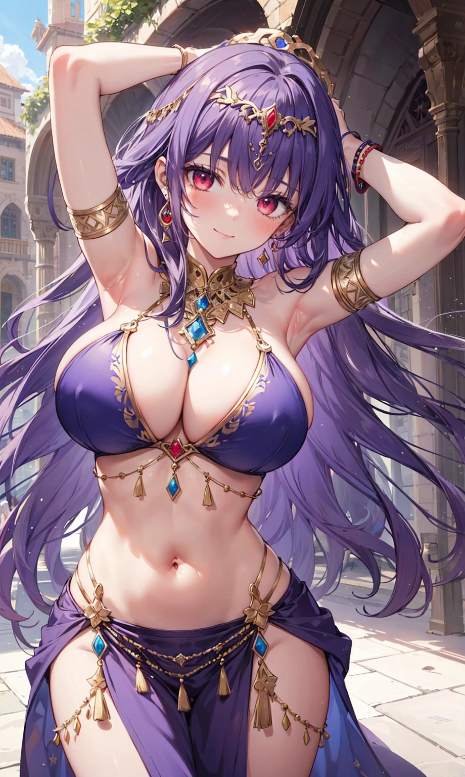 high quality, ultra detailed, best quality, insanely detailed, beautiful, masterpiece, 1girl, medieval plaza, cowboy shot, red eyes, long hair, purple hair, belly dancer, circlet, earrings, armlets, bracelets, bashful smile, large breasts, cleavage, soft stomach