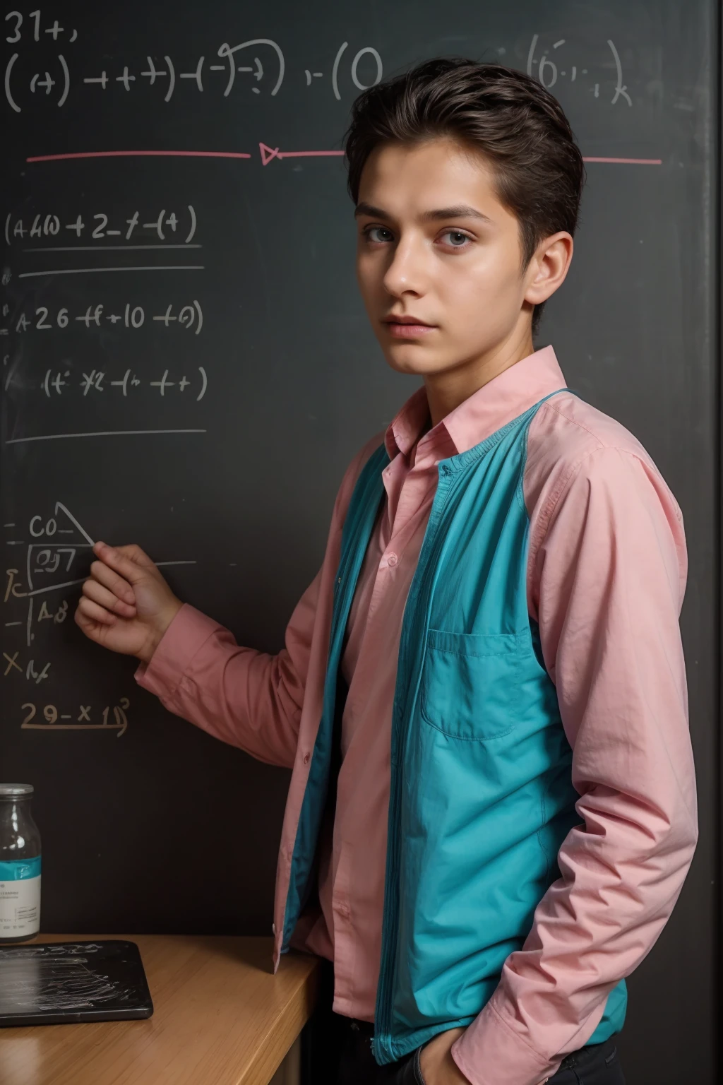 A young male genius twink wearing a long-sleeved, pink shirt and aqua blue pants. He is in his scientific office and behind him is a blackboard with calculus written on it. Neon waves emerge from the blackboard. He has black hair and his eyes have dark circles underneath them. He has a beautiful face with makeup on and looks proudly. He was shocked and amazed as the blackboard emanated neon energy with mathematical equations