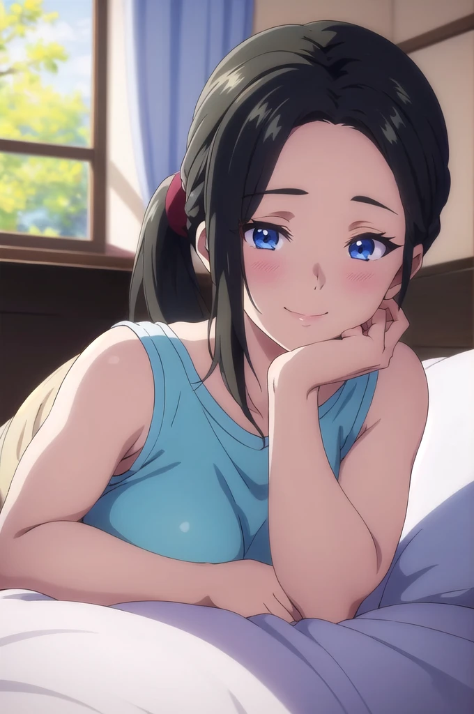masterpiece, (best quality), 1woman,1girl ,haruhiko_ichijou_mother,  black hair, long hair ponytail,  (blue eyes),,average breasts ,, ,sexy woman,smile,  embarrassed,blush, sleeveless sweater, black jeans, vibrant colors ,natural lighting  ,RTX,  , beautiful, (detailed face:1.2), showcase, (perfect eyes:1.1) ,(photorealistic:1.1), 8k uhd,  looking at viewer, indoors,  bedroom, legs shown, feet shown