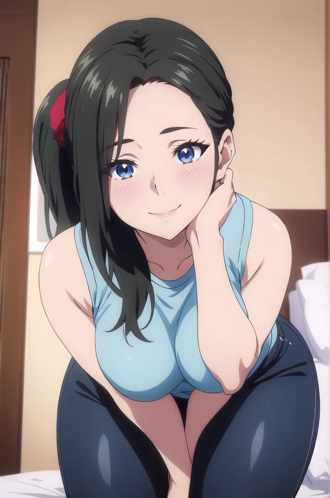 masterpiece, (best quality), 1woman,1girl ,haruhiko_ichijou_mother, black hair, long hair ponytail, (blue eyes),,average breasts ,, ,sexy woman,smile, embarrassed,blush, sleeveless sweater, black jeans, vibrant colors ,natural lighting ,RTX, , beautiful, (detailed face:1.2), showcase, (perfect eyes:1.1) ,(photorealistic:1.1), 8k uhd, looking at viewer, indoors, bedroom, legs shown, feet shown