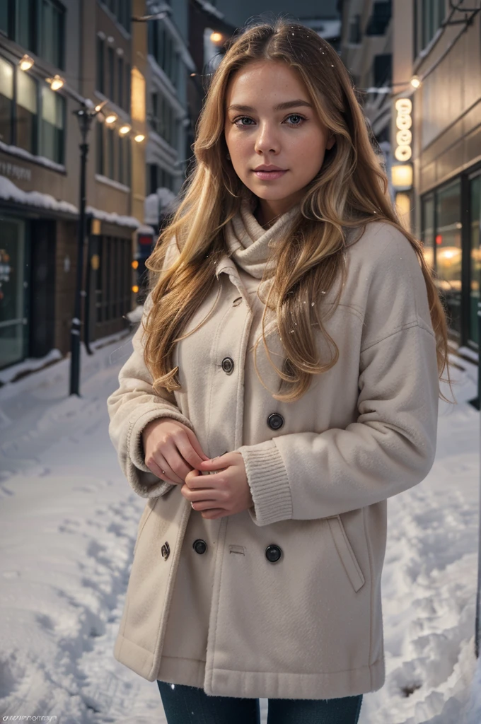 professional portrait photograph of a gorgeous Norwegian girl in winter clothing with long wavy blonde hair, sultry flirty look, gorgeous symmetrical face, cute natural makeup, wearing elegant warm winter fashion clothing, ((standing outside in snowy city street)), stunning modern urban environment, ultra realistic, concept art, elegant, highly detailed, intricate, sharp focus, depth of field, f/1. 8, 85mm, medium shot, mid shot, (((professionally color graded))), bright soft diffused light, (volumetric fog), trending on instagram, hdr 4k, 8k