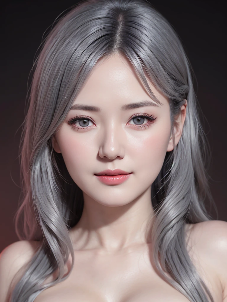 1girl, star eye, blush, perfect illumination, grey hair, red bright eyes, unreal engine, sidelighting, detailed face, bangs, bright skin, simple background, dark background, upon body, realistic big breasts.