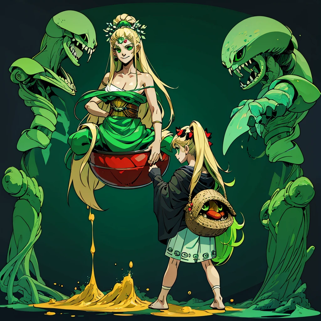 1girl, young, , 6 years i, komusume, flat chest, blonde long hair, green clothes, green eyes, innocent expresion, smiling, arachnid style, spider body, background filled fumes, background filled with greek columns, Tartarus scenery, in Tartarus, surrounded by giant greek columns, greek scenery and furniture, detailed background, main character, hades style, Arachne, spider legs coming from her back