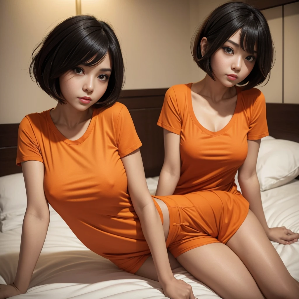 Amazing portrait of a sexy woman,She has a beautiful face and short bob hairstyle,Seductive gaze,blushing badly,her parted lips despair、fluster、greedy,Wearing an orange t-shirt on the bed